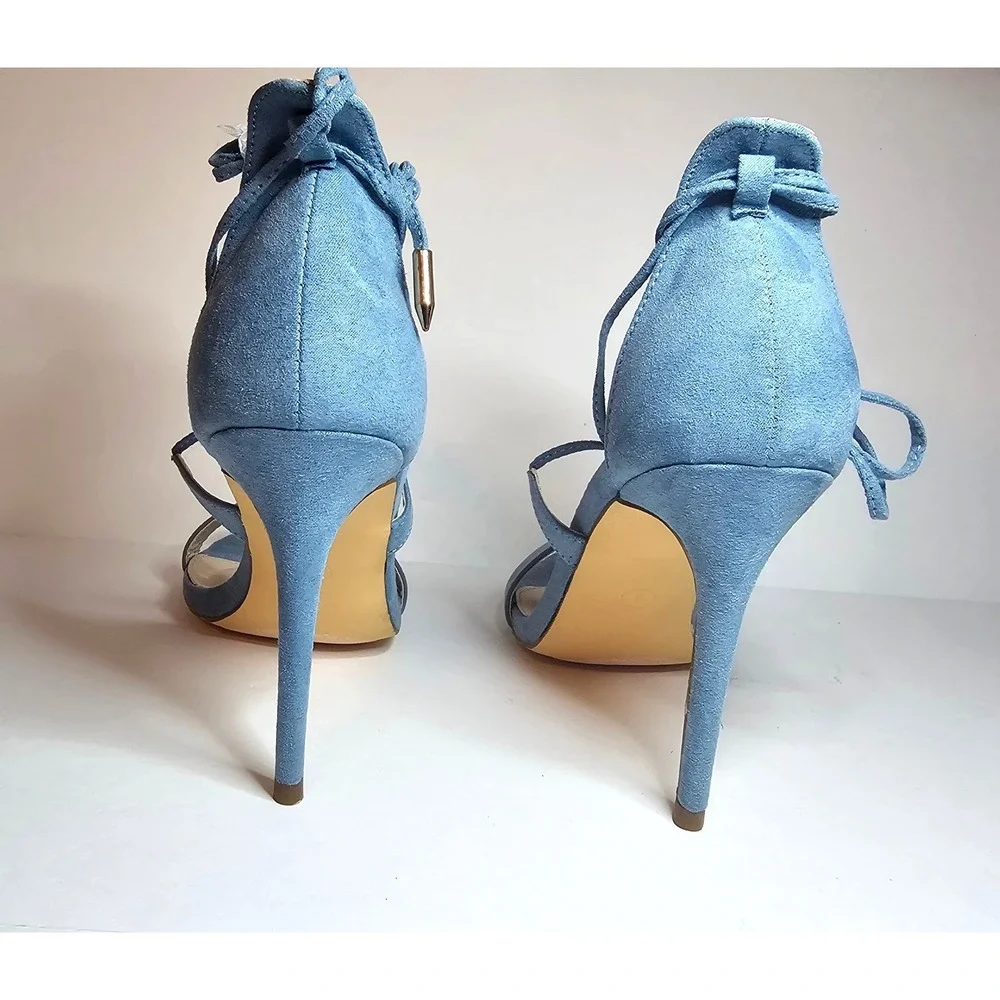 NEW Lulus Blue Faux Suede Lace Up Stiletto Heels Ankle‎ Tie Sandals Womens 8